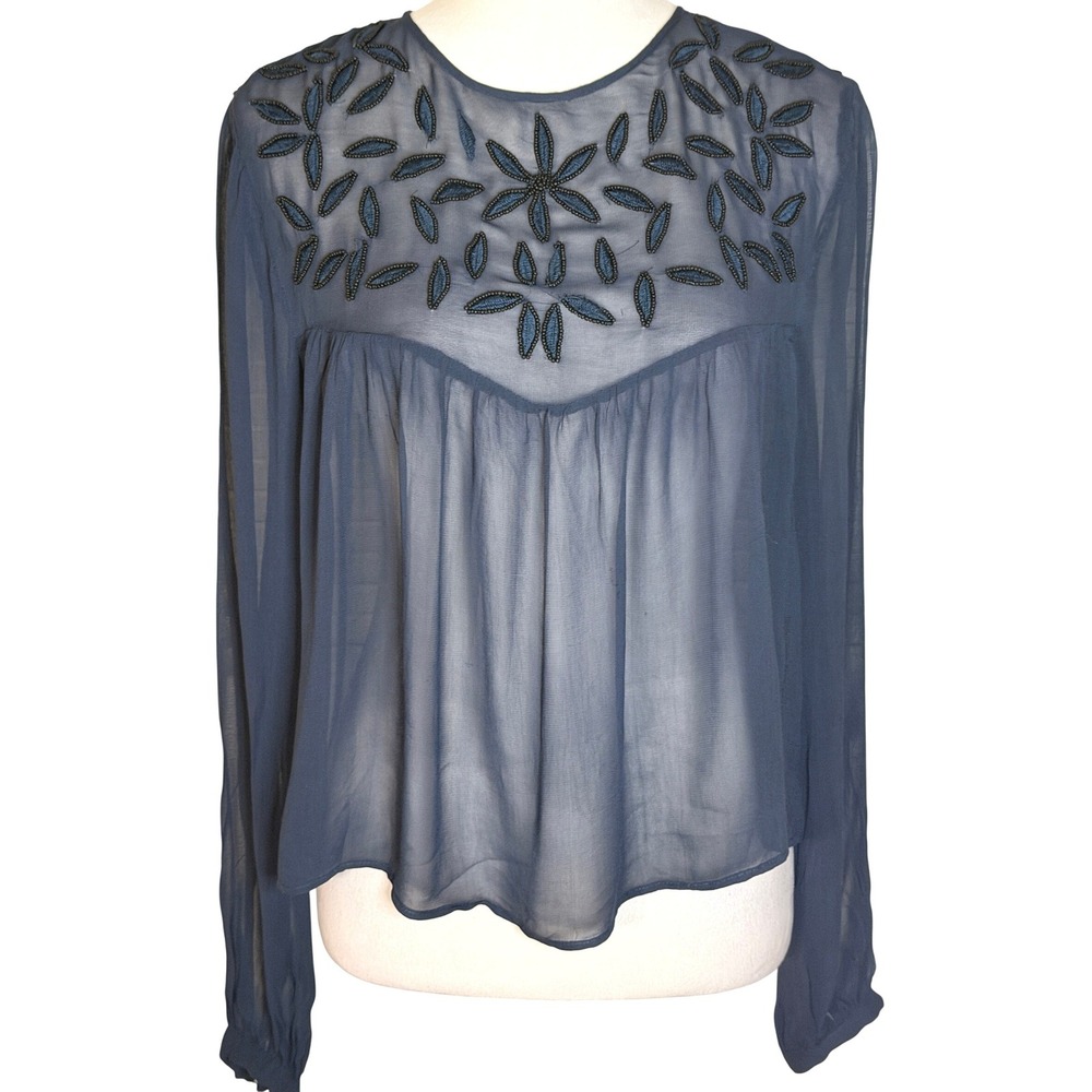 Mango Beaded Sheer Silk Peasant Blouse Long Sleeve Womens M Fairy Grunge Boho
